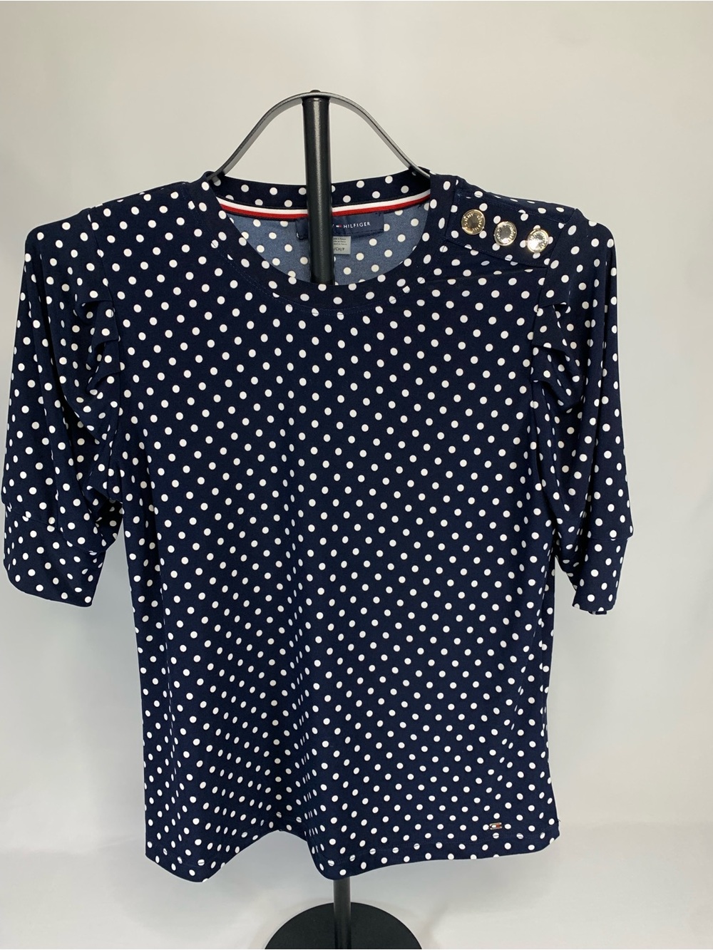 Tommy Hilfiger Navy and White Polka Dot Shoulder Button Tee